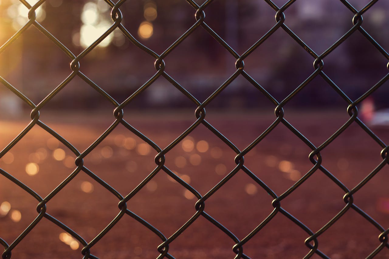 A close-up shot of a chain link fence with warm sunlight and soft bokeh background.